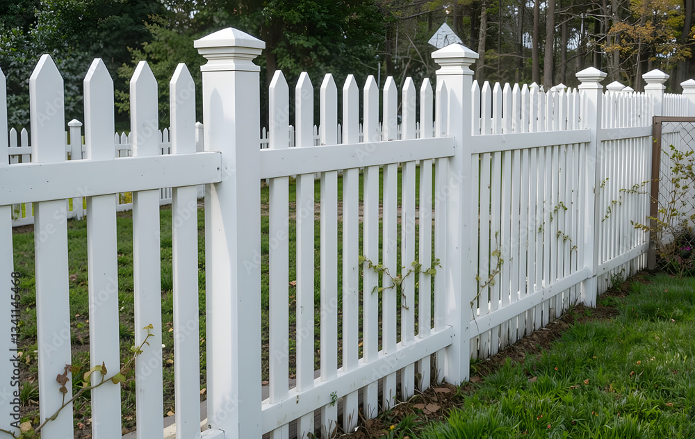 White picket fence backyard is made wood has vinyl fencing White picket fence backyard is made wood has vinyl fencing
