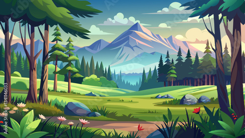 vector of stunning forest landscape with a grassy clearing, distant hills