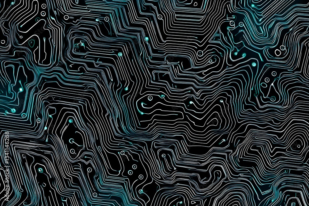 Obraz premium Abstract close-up of a glowing blue digital circuit board, showcasing intricate connections and technological design on a black background. 