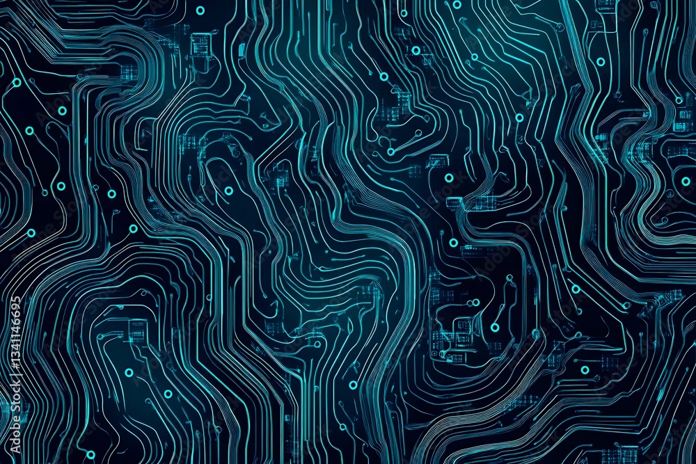 Obraz premium Abstract close-up of a glowing blue digital circuit board, showcasing intricate connections and technological design on a black background. 