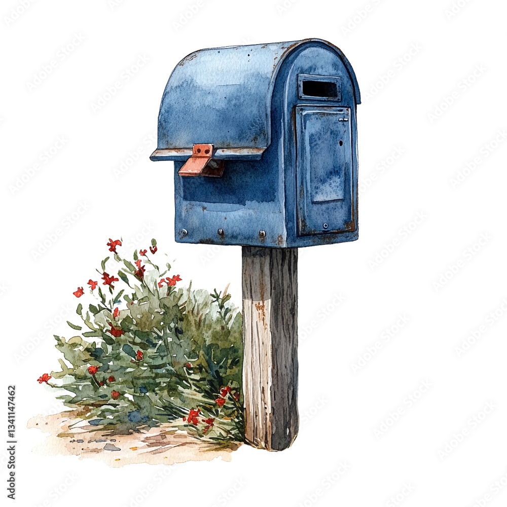 A Watercolor Painting of an Old Blue Rusty Mailbox Surrounded by Red Flowers and Green Leaves. A Watercolor Painting of an Old Blue Rusty Mailbox Surrounded by Red Flowers and Green Leaves.