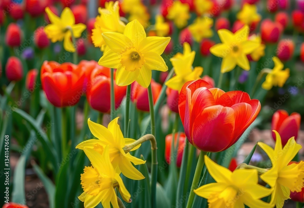 Obraz premium Close-up of vibrant yellow daffodils and red tulips in a spring garden, outdoor, daffodils
