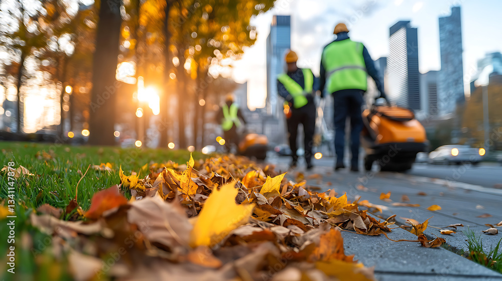 Obraz premium Sanitation workers clearing leaves in urban environment autumn season outdoor cleanup activity city park action shot for community cleanliness