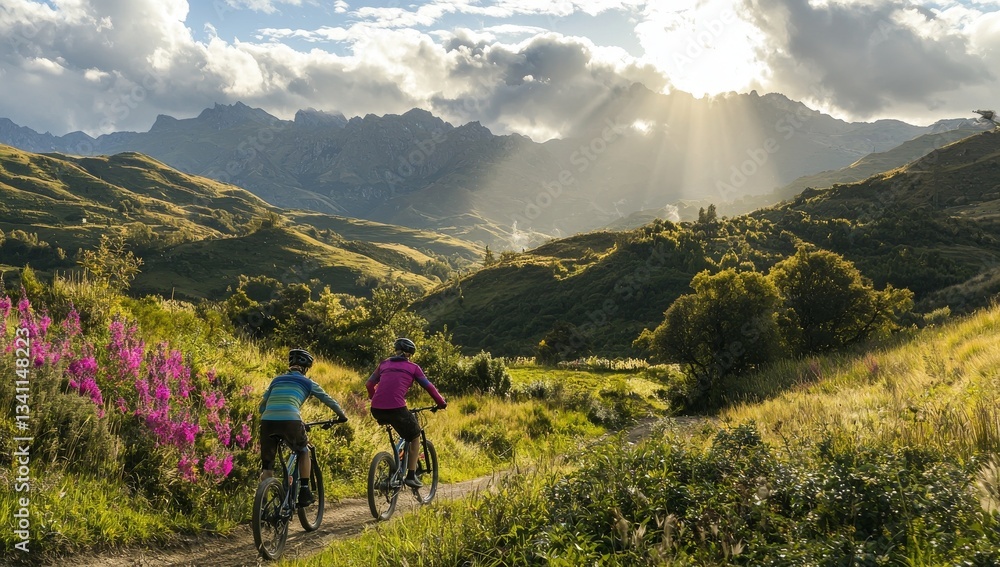 Men and a woman ride mountain bikes along a flow trail track set amidst a serene forest and mountain landscape during sunset, participating in an outdoor sport activity Men and a woman ride mountain bikes along a flow trail track set amidst a serene forest and mountain landscape during sunset, participating in an outdoor sport activity