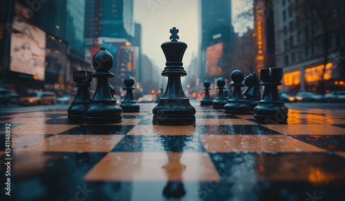 A black chess piece is in the middle of a city street