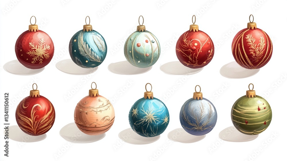 Twelve ornate Christmas ball ornaments. Twelve ornate Christmas ball ornaments.