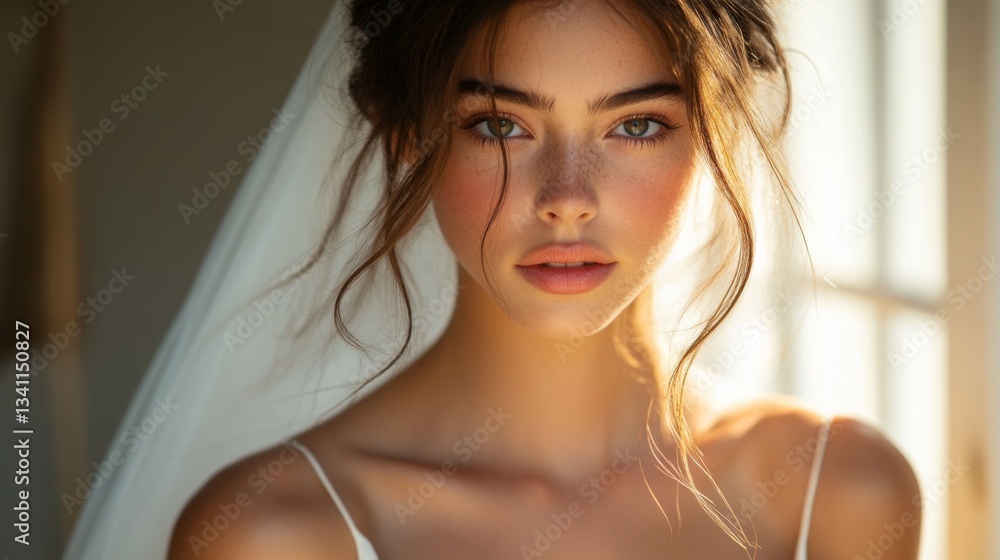 A young woman wearing a bridal veil gazes softly at the viewer, her natural beauty enhanced by warm sunlight streaming through a window. The serene atmosphere accentuates her grace. A young woman wearing a bridal veil gazes softly at the viewer, her natural beauty enhanced by warm sunlight streaming through a window. The serene atmosphere accentuates her grace.