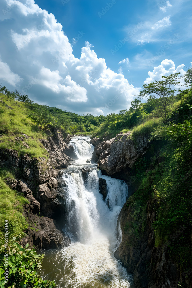 Xanadu waterfall in Vietnam, blue sky and green grassy landscape, waterfalls flowing into the river, blue sky with white clouds, green trees on both sides of the river.
Xanadu waterfall in Vietnam, blue sky and green grassy landscape, waterfalls flowing into the river, blue sky with white clouds, green trees on both sides of the river.