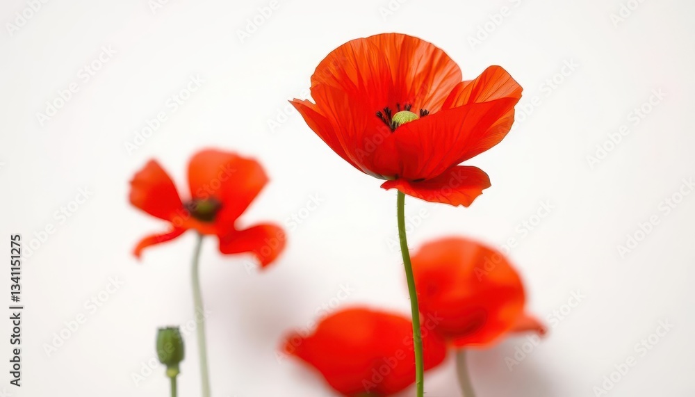 Naklejka premium Single red poppy blossom, delicate petals, white backdrop, poppy, stem