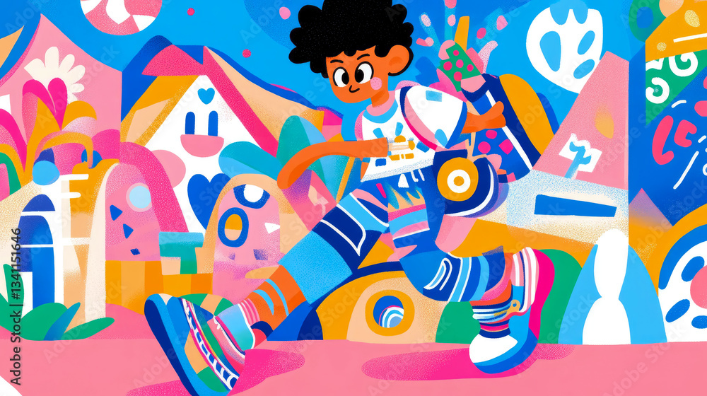 Dynamic Cityscape: A Child's playful journey through vibrant buildings and whimsical shapes Dynamic Cityscape: A Child's playful journey through vibrant buildings and whimsical shapes
