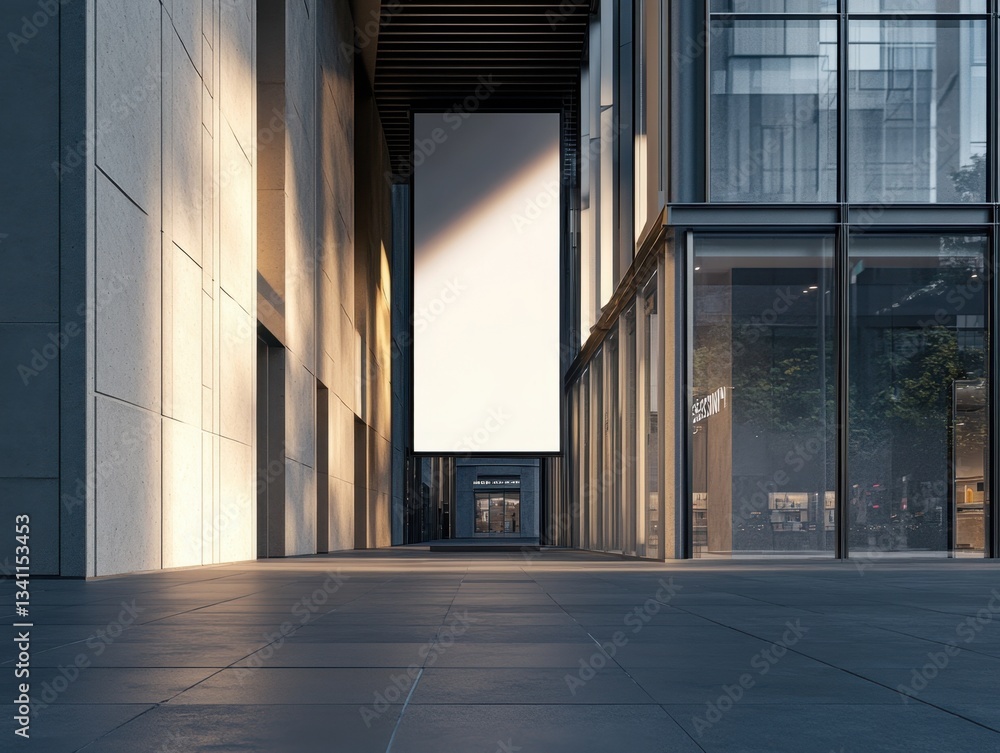 A large empty room with a white sign on the wall. The room is empty and has no furniture A large empty room with a white sign on the wall. The room is empty and has no furniture
