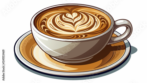 cup of cappuccino with beautiful latte art served in a white cup and saucer, cut out White background