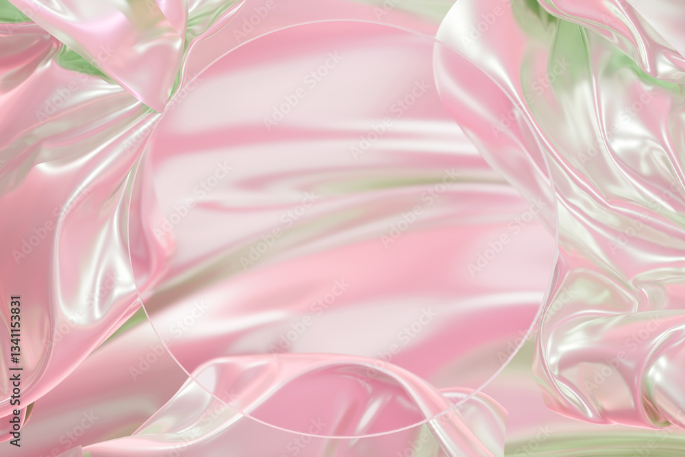 Obraz premium 3D elegant pastel pink and green silk fabric with smooth, glossy folds. Luxurious and soft texture, perfect for beauty, fashion, and product backgrounds. Branding, templates, and advertising design.