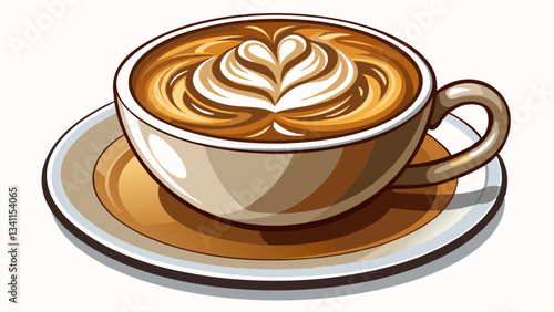 cup of cappuccino with beautiful latte art served in a white cup and saucer, cut out White background