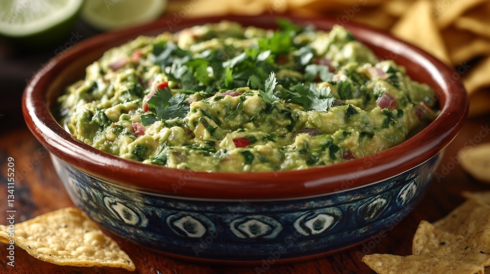 Freshly made guacamole ripe avocados cilantro and lime juice served in a traditional Mexican bowl with tortilla chips Freshly made guacamole ripe avocados cilantro and lime juice served in a traditional Mexican bowl with tortilla chips
