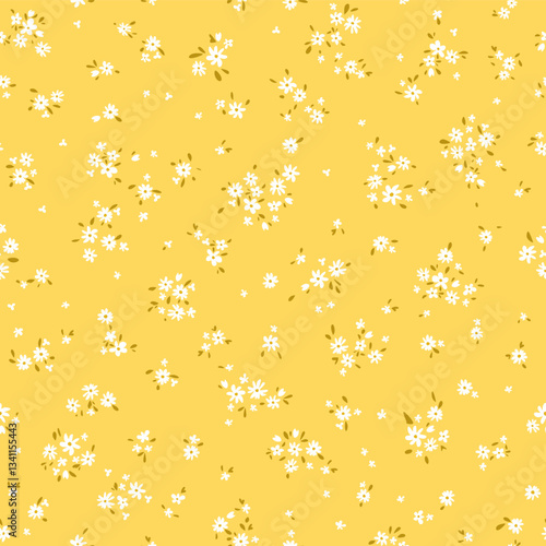 Vector illustration. Ditsy Floral seamless pattern of delicate tiny white flowers on a yellow background, blooming flowers. Liberty pattern for textiles, packaging, fabric, sublimation printing