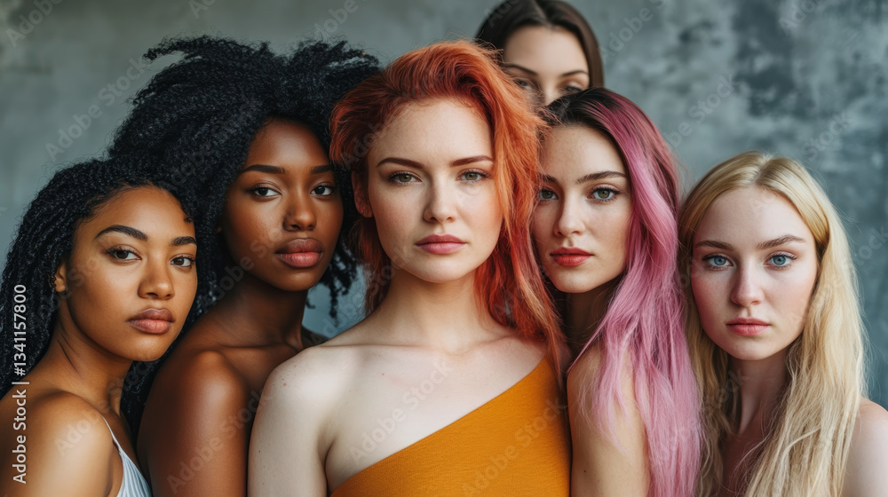 Fototapeta premium A beautiful group of young women with diverse hairstyles and colors posing confidently in a studio.