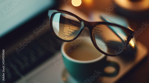 Wallpaper Mural Cozy workspace with glasses and a coffee cup, perfect for reading, focusing, and productivity in a calm environment enhanced by soft lighting Torontodigital.ca