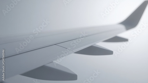close up view of aircraft wing showcasing its sleek design and aerodynamic features, emphasizing smooth surface and structural components that contribute to flight efficiency