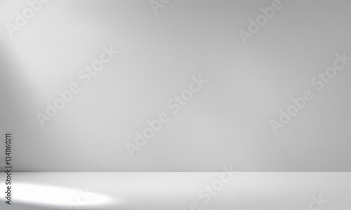 Abstract white background with soft white light and subtle gray shadows. Minimalist empty interior with copy space, ideal for creative studio backdrops, social media banners, product displays.