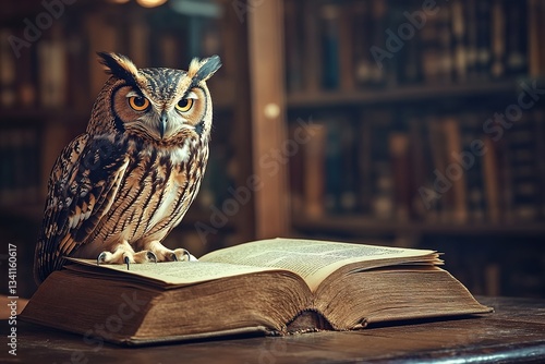 Wallpaper Mural Owl perched on an open book in a dimly lit library, surrounded by towering bookshelves, creates a magical and enchanting atmosphere filled with mystery and wisdom Torontodigital.ca