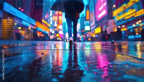 Wallpaper Mural Rainy night, city street, woman walking, vibrant lights Torontodigital.ca