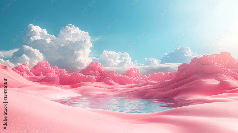 Surreal landscape with pink formations and tranquil water under a blue sky