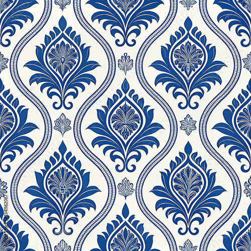 Cobalt blue damask with bold architectural shapes seamless pattern
