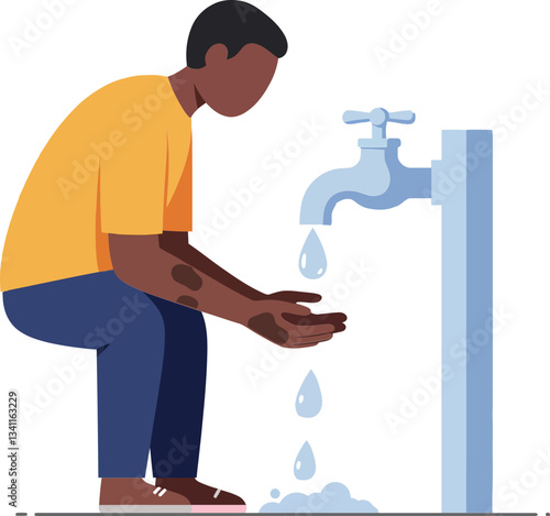 A young man with a dark complexion washing his hands under a blue faucet in a flat, minimal design vector illustration