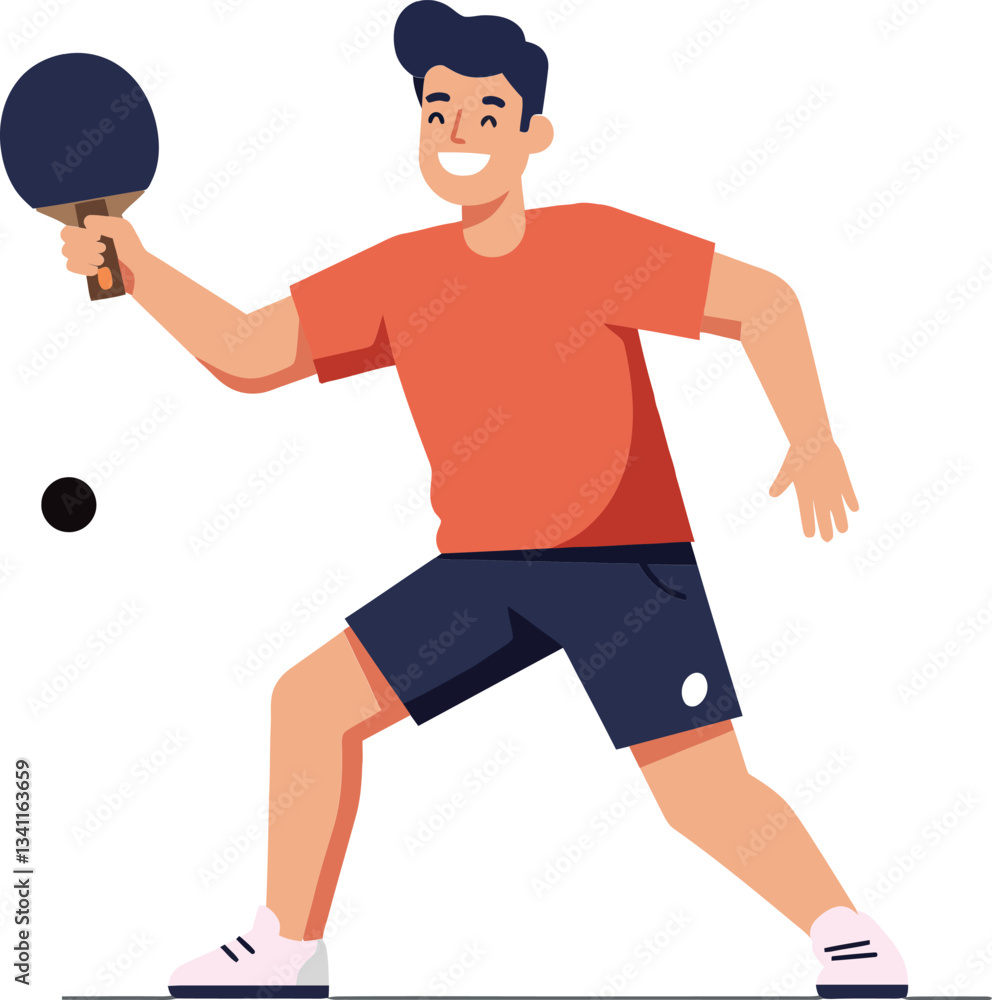 A cheerful young man playing table tennis with a paddle in hand, showcasing dynamic movement and excitement in flat vector art A cheerful young man playing table tennis with a paddle in hand, showcasing dynamic movement and excitement in flat vector art