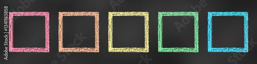 Realistic Chalk Drawn Sketch. Set of Design Elements Colorful Square Frames Isolated on Chalkboard Backdrop.
