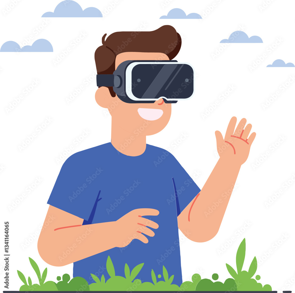 A young man wearing a virtual reality headset, exploring a digital world with excitement, flat design vector art