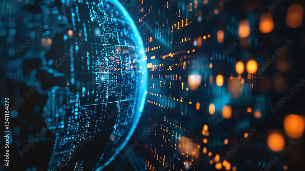 Obraz premium A digital rendering of a globe made of data and code, with a background of glowing orange lights.