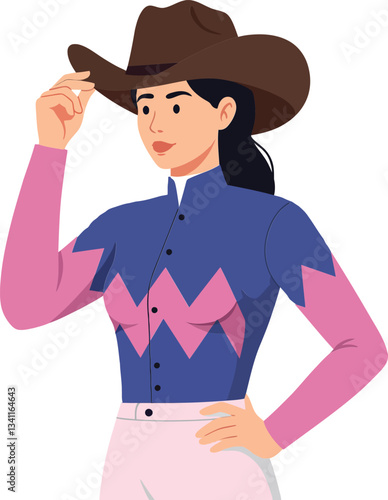 Confident woman in cowboy attire adjusting her hat in a flat vector illustration showcasing vibrant colors and a bold design style