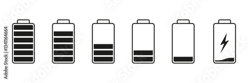 Battery Level Indicator Solid Icon Set. Charging And Energy Status Silhouette Symbol Collection. Isolated Vector Illustration