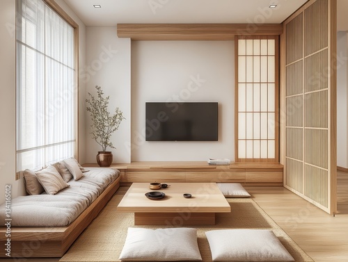 A minimalist bedroom features a wooden table and decor