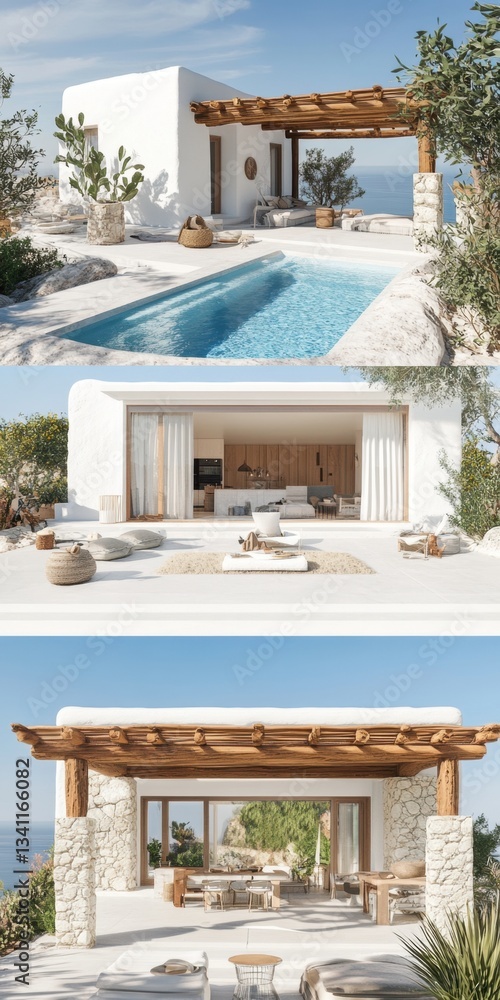 Fototapeta premium A white house with a pool and a patio. The house has a white roof and a wooden pergola