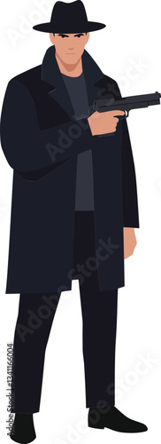 A mysterious man in a long black coat and fedora holding a gun, depicted in a flat vector art style, exuding a tense and dramatic atmosphere.
