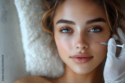 young woman receiving an anti-wrinkle injection at a luxurious beauty salon. the beautician administers the treatment with precision in a calming, spa-like atmosphere.