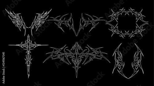 Neo tribal element, cyber gothic abstract black and white pattern, cyber sigilism hand drawn vector design isolated
