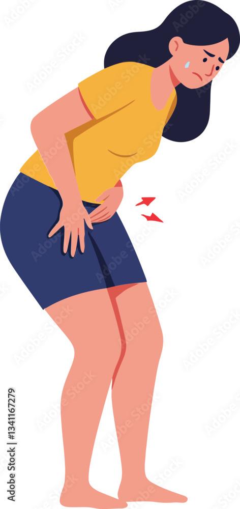 Woman experiencing discomfort while holding her stomach in a flat and minimal design vector illustration