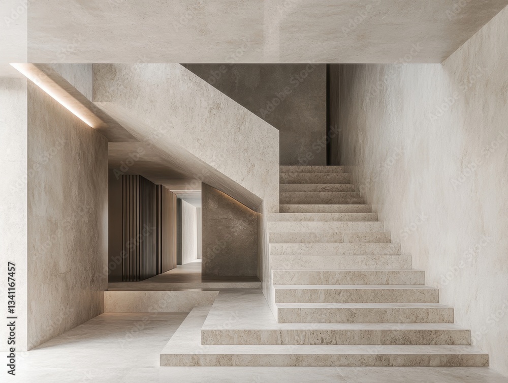 Obraz premium A staircase is made of stone and is in a hallway. The staircase is very tall and has a lot of steps