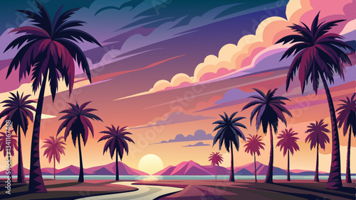 vector of pastel sunset colors the open sky, while a row of palm trees stands quietly, soaking in the evening glow