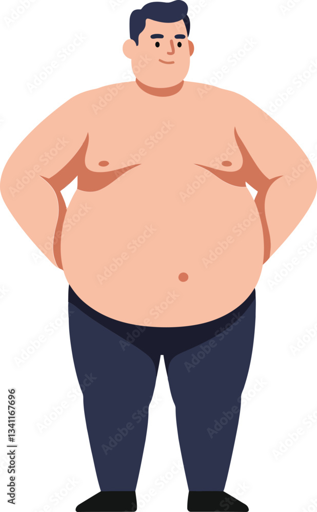 Fototapeta premium Plump man standing confidently with hands on hips in a flat design style, showcasing body positivity in vector art