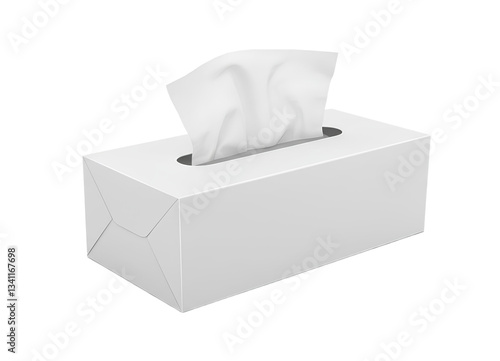 A white tissue box with a single tissue partially pulled out through an oval opening on top.
