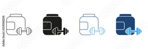 Protein Powder Container And Dumbbell Line and Silhouette Icon Set. Bodybuilding, Muscle Building, Fitness Supplement Outline and Solid Symbol. Editable Stroke. Isolated Vector Illustration