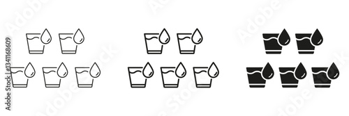 Hydration And Drinking Water Regularly Line and Silhouette Icon Set. Five Glasses Of Water With Droplets. Editable Stroke. Isolated Vector Illustration