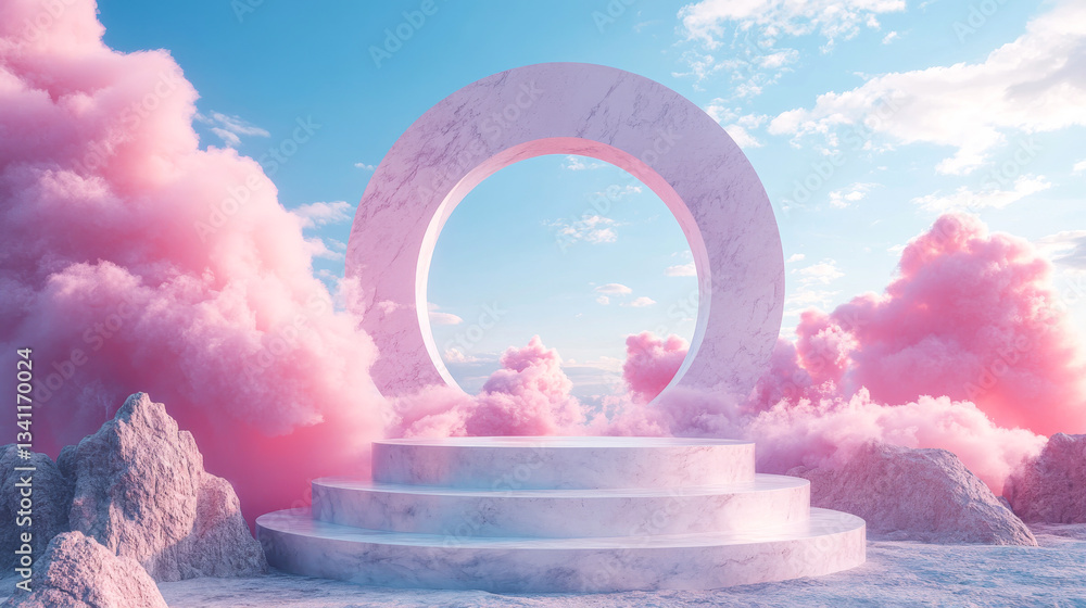 Majestic circular gateway amidst pink clouds and rocky terrain in dramatic sky