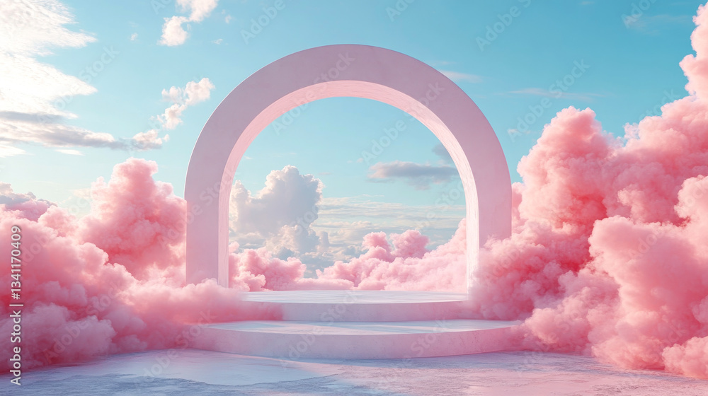 Ethereal pink cloudscape with an arch in a serene sky during daylight hours