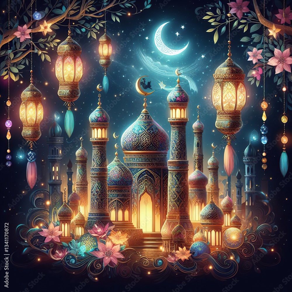 Obraz premium Eid Mubarak Arabic Calligraphy. Islamic Eid Fitr Adha Greeting Card design. Translated: we wish you a blessed Eid. عيدكم مبارك عيد فطر مبارك 